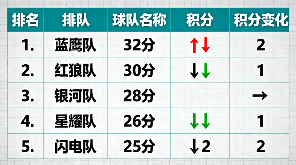 联赛积分榜排名数据与球队积分变化展示画面